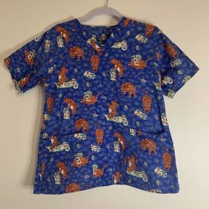 Princess Blue V-Neck Cat Scrub Top Medical Uniform Small